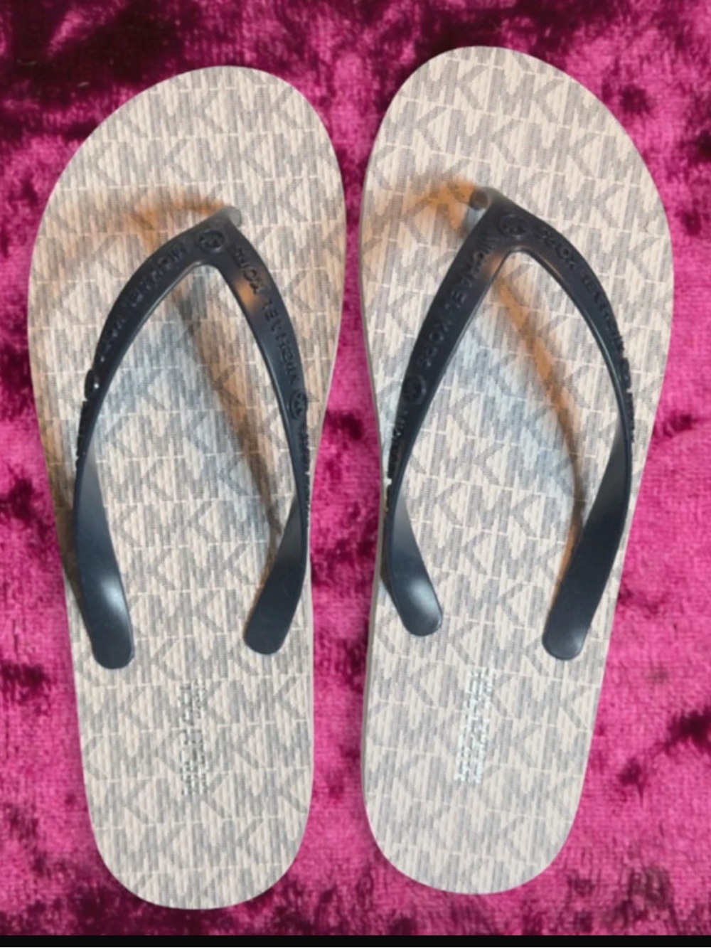 Michael Kors Beige Logo-Print Flip Flops with Black Straps